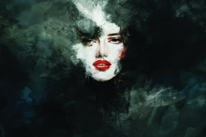 Fototapete Porträt einer Frau mit roten Lippen in Schwarz