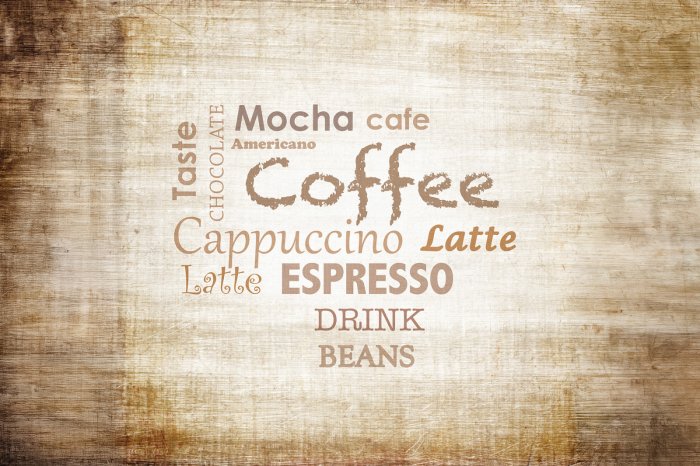 Fototapete Beschriftungen mit Kaffeesorten auf Holz