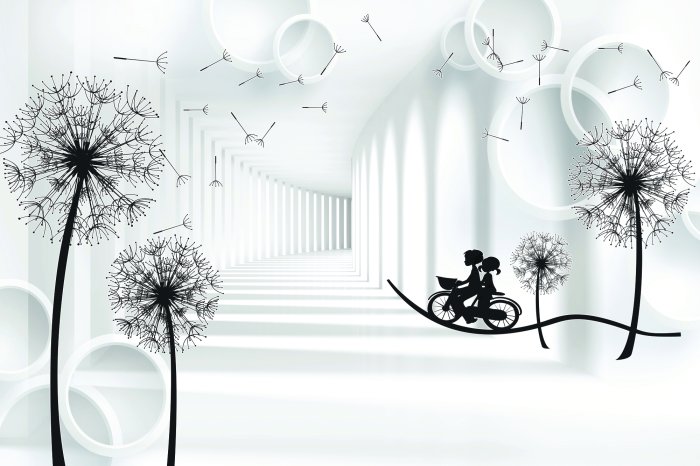 Fototapete Schwarze Löwenzähne im 3D-Raum