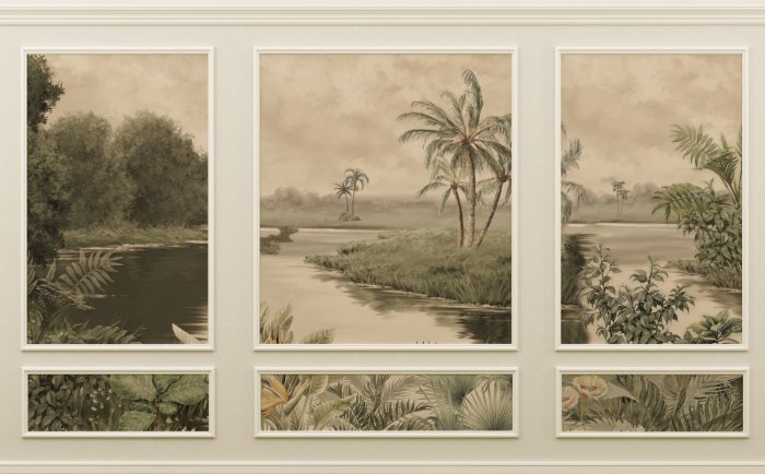 Fototapete Tropischer Fluss mit Palmen in Stuckverzierung