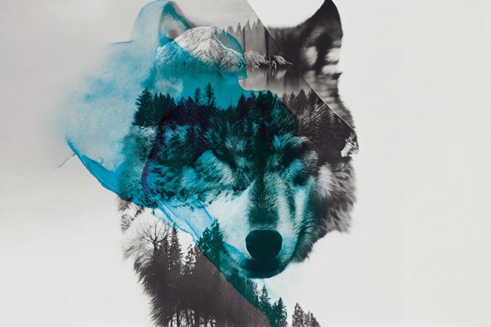 Fototapete Imitation eines Wolfs in einer Waldlandschaft