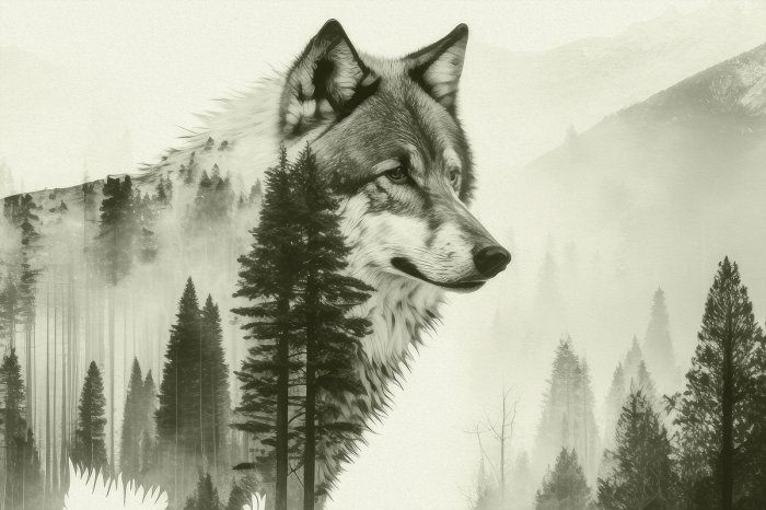 Fototapete Wolf im Nadelwald