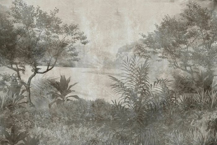 Fototapete Üppige Waldvegetation in Grautönen