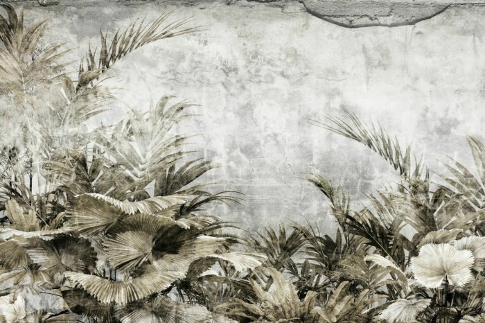 Fototapete Tropische Blätter auf Betonhintergrund