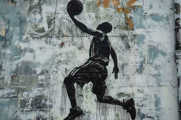 Fototapete Mann Basketballspieler mit einem Ball an der Wand