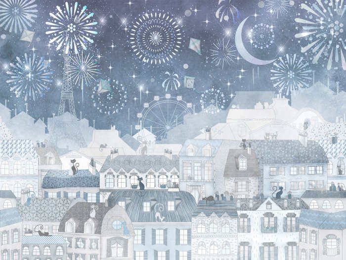 Fototapete Stadt mit dem Eiffelturm und Feuerwerk