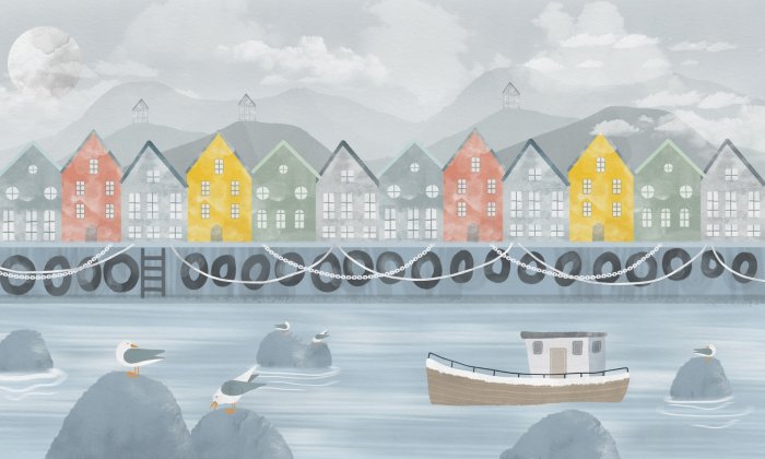 Fototapete Bunte Häuschen am Fluss mit einem Boot