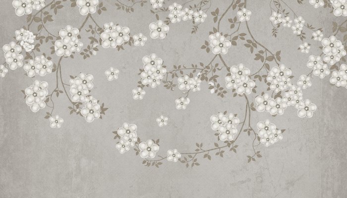 Fototapete Zweige mit weißen Blüten auf Beton