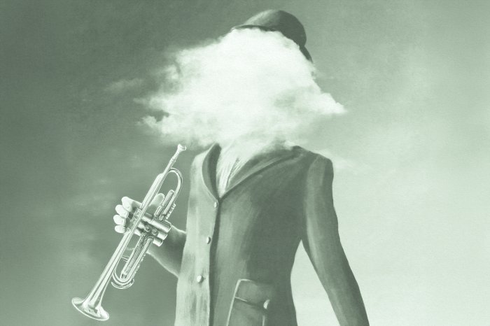 Fototapete Mann mit verschwommenem Gesicht und Trompete