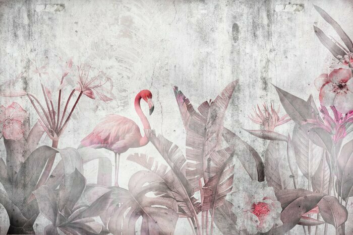 Fototapete Wallpaper design for digital printing with tropical leaves and Flamingo
