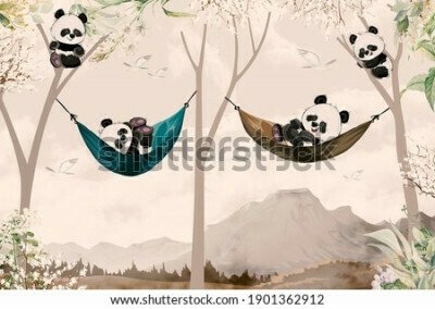 Fototapete Cute pandas lying in hammock for child room wallpaper design