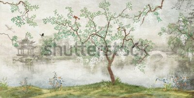 Fototapete Baum am See. Nebelhafte Landschaft. Baum mit Vögeln im japanischen Garten. das Wandbild, Tapete für den Innendruck