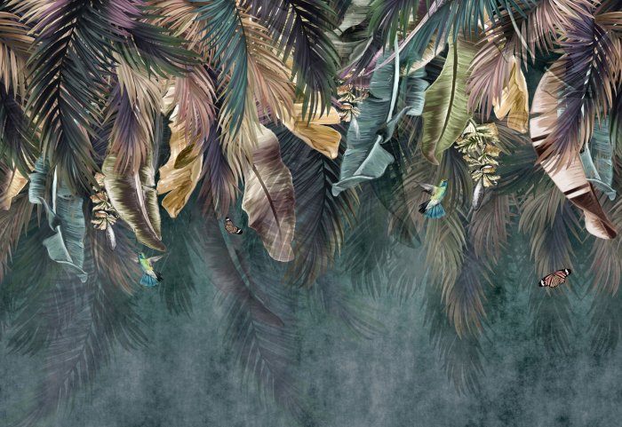 Fototapete Hängende bunte Blätter mit Vögeln