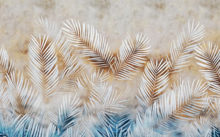 Fototapete Palmblätter auf blau-braunem Hintergrund