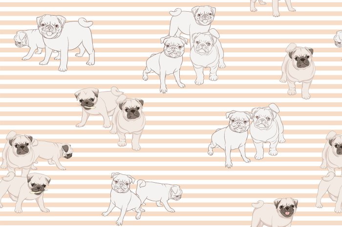 Fototapete Mops-Hunde vor gestreiftem Hintergrund moderne Grafik