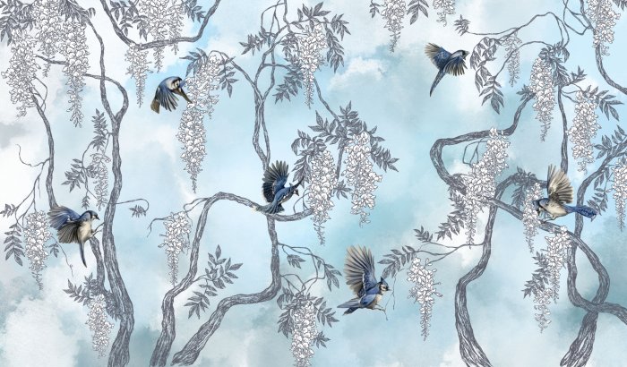 Fototapete Baum mit Blumen und Vögeln vor dem Himmelshintergrund