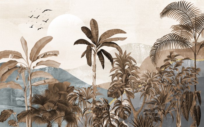 Fototapete Dschungel mit Palmen vor Bergkulisse