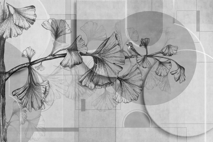 Fototapete Blätter auf grauem geometrischem Hintergrund