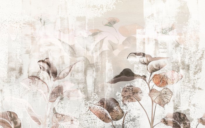 Fototapete Aquarell von Blättern auf einer Betonwand