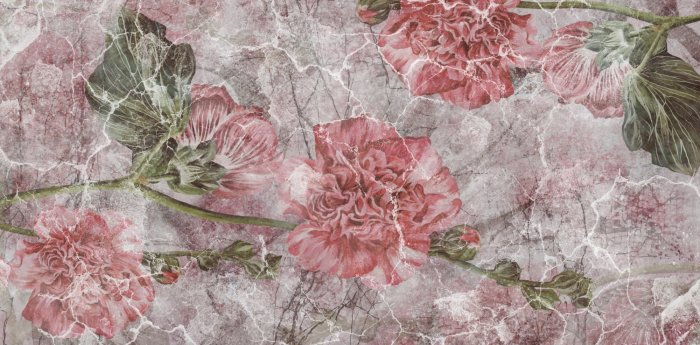 Fototapete Rosa Pfingstrosen an einer rissigen Mauer