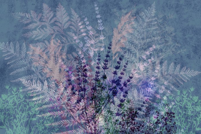 Fototapete Bunte Farnblätter mit Lavendel