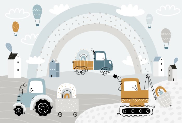 Fototapete Traktor auf Hügeln mit Bagger und Wolken