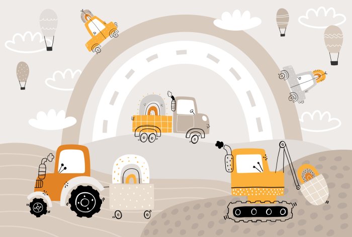 Fototapete Autos und Traktor vor einem Regenbogenhintergrund