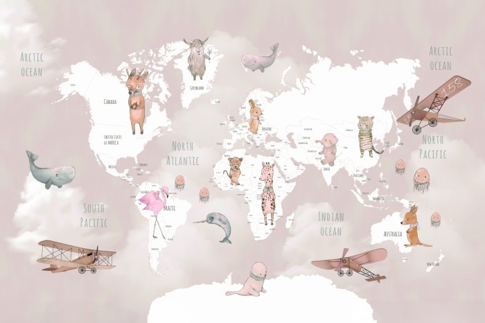 Fototapete Weltkarte mit Flugzeugen und Tieren
