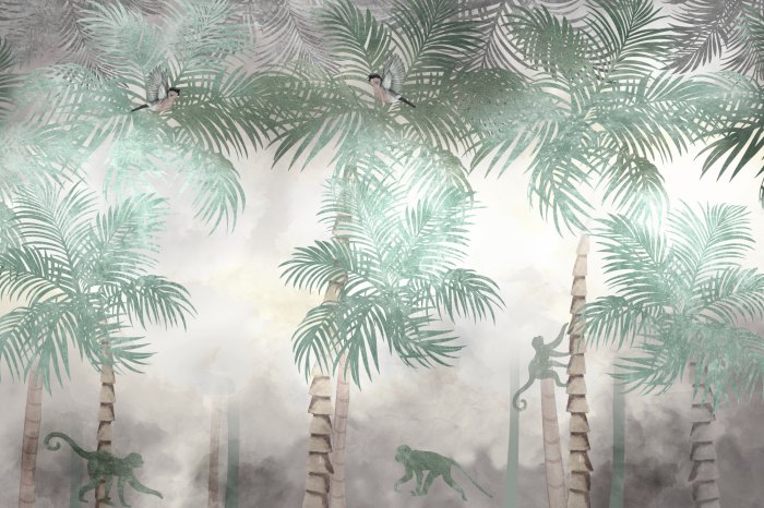 Fototapete Dschungel mit exotischen Palmen und Affen