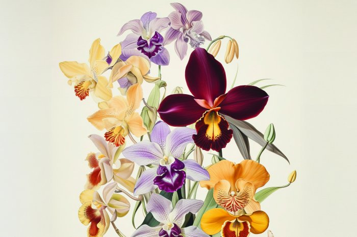 Fototapete Bunte Orchideenblüten auf hellem Hintergrund