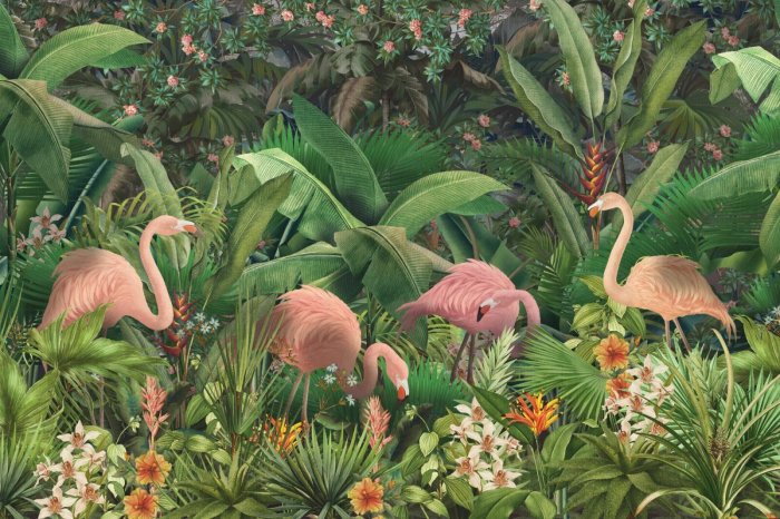 Fototapete Flamingos mit tropischen Blättern und Blumen