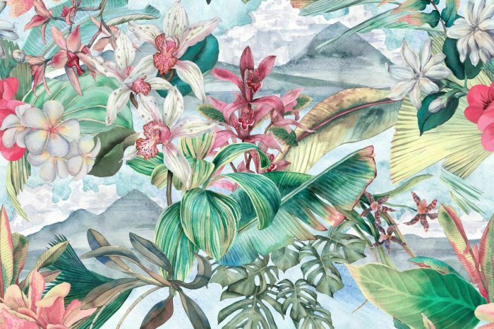 Fototapete Bunte Orchideen mit Monstera-Blättern