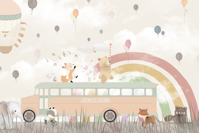 Fototapete Schulbus mit Tieren vor einem Regenbogenhintergrund