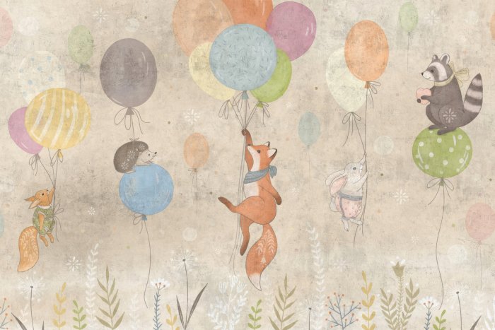 Fototapete Fuchs und Hase halten Ballons