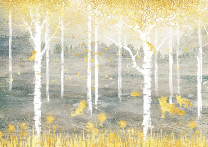 Fototapete Abstrakter Wald mit goldenen Füchsen