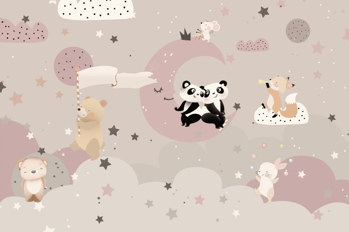 Fototapete Pandas, die auf dem Mond sitzen, und ein Fuchs auf einer Wolke