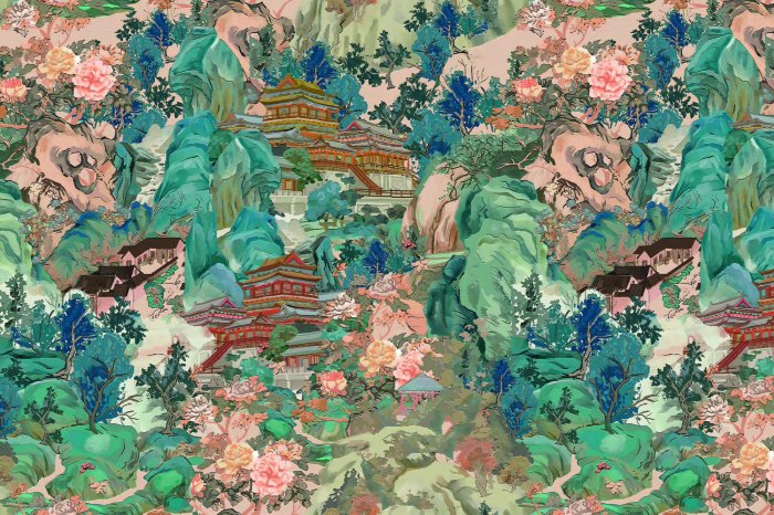 Fototapete Japanische Gebäude zwischen Bergen und Bäumen