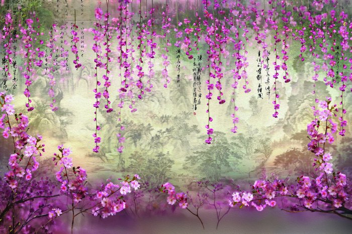 Fototapete Hängende Kirschblüten vor einem Waldhintergrund