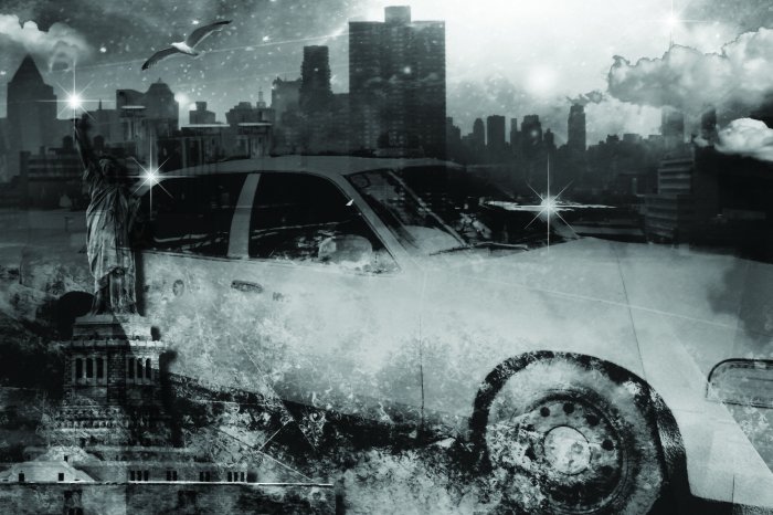 Fototapete Schwarz-weißes Taxi und die Freiheitsstatue