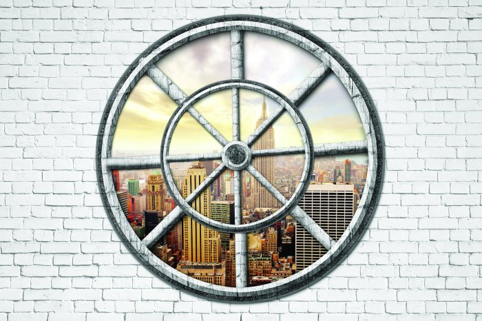 Fototapete Blick durch ein rundes Fenster auf New York