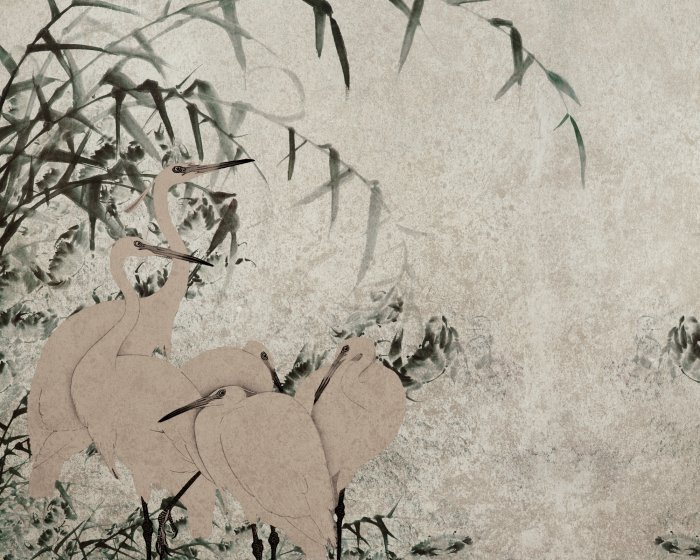 Fototapete Reiher und Bambus auf einem Hintergrund mit zarter Textur