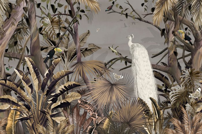 Fototapete Weißer Pfau Tukane und Schmetterlinge im tropischen Dschungel