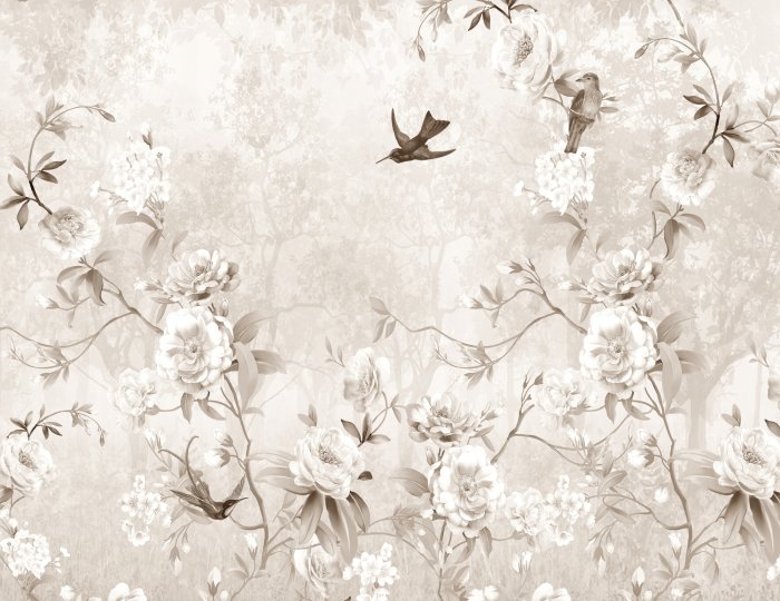 Fototapete Botanisches Muster mit Vögeln und Bäumen