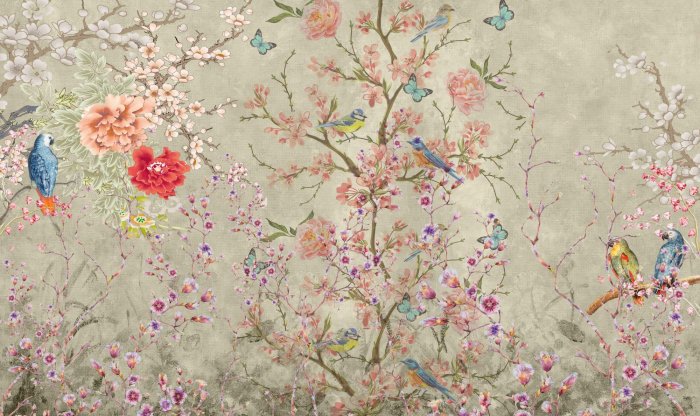 Fototapete Vögel und Schmetterlinge auf blühenden Baumzweigen