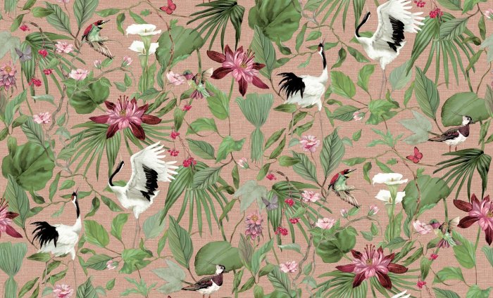 Fototapete Exotische Vögel zwischen grünen Blättern und Blumen