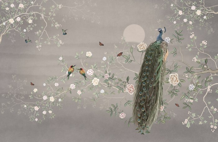 Fototapete Pfau und Kolibris zwischen blühenden Blumen auf einem Baumzweig