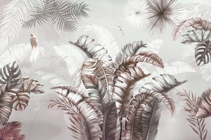 Fototapete Große tropische Blätter und Vögel vor einem Hintergrund mit subtiler Textur