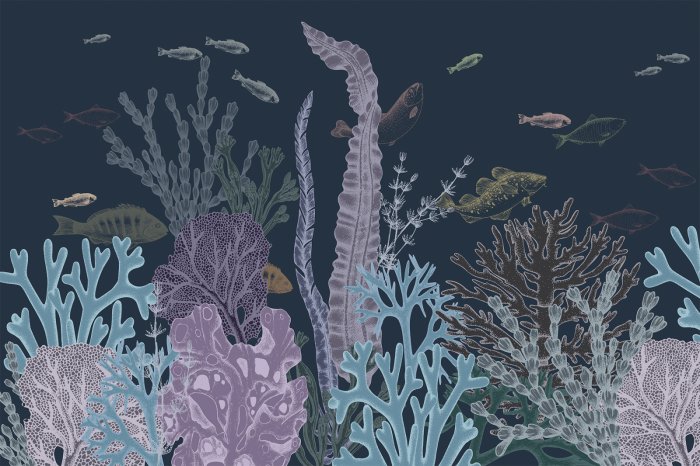 Fototapete Bunte Korallenriff mit Fischen im minimalistischen Stil