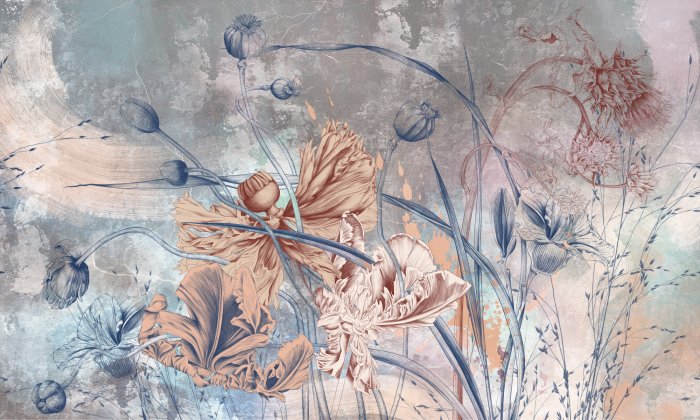 Fototapete Mohnblumen im industriellen Stil auf Betontextur-Hintergrund