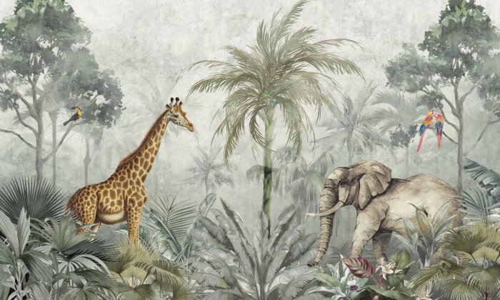 Fototapete Exotische Tiere im grünen Dschungel im Aquarellstil